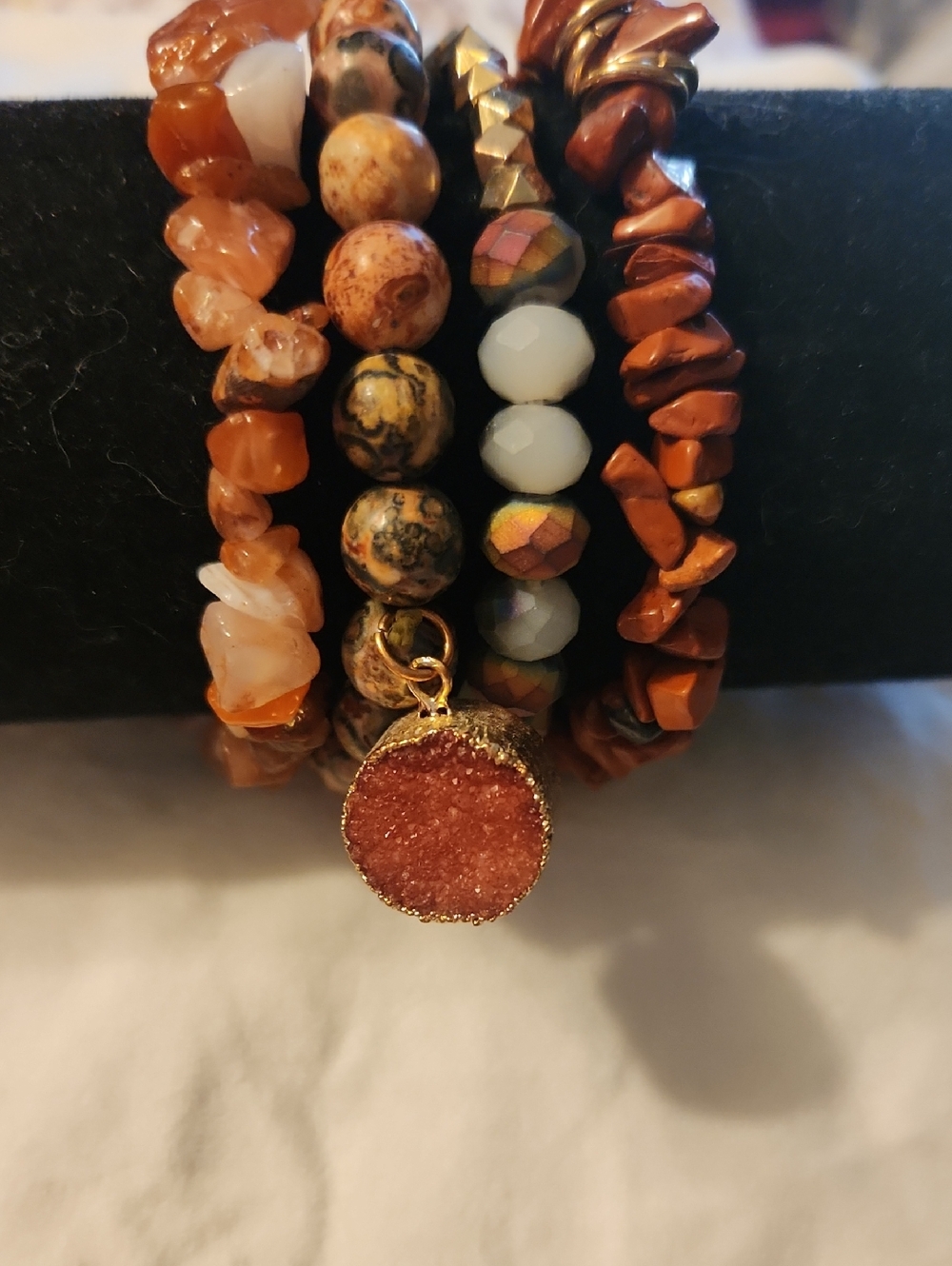 Women's Orange Druzy & Mixed Natural Gemstone Bead Stack Bracelet Set